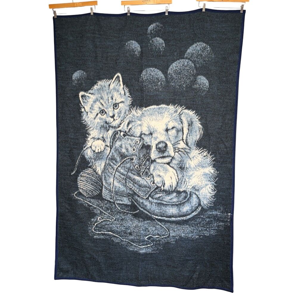 Vintage Biederlack Blanket Kitty Cat Puppy Dog Boot Blue Monotone 51"x77" Throw